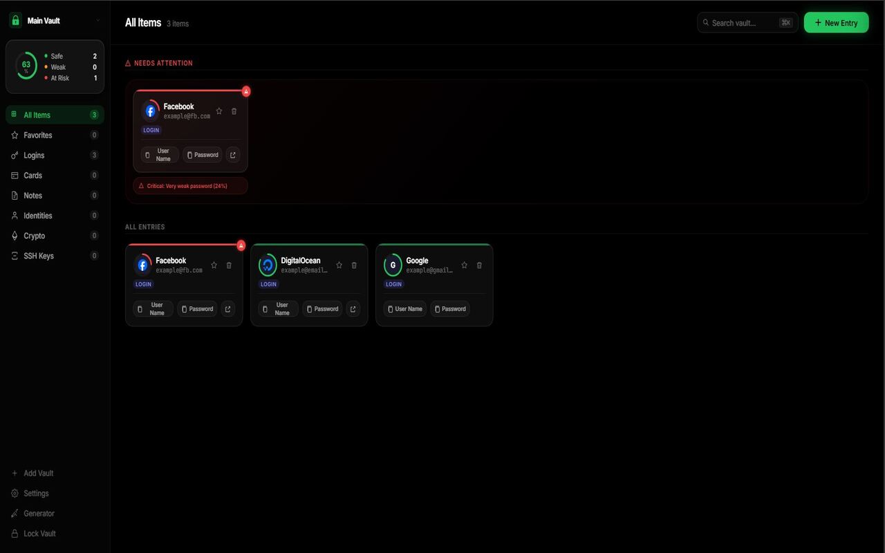 Entrust Key Vault Interface showing encrypted records and security categories